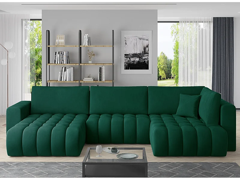 Panoramische converteerbare designbank gecapitonneerd groene stof links chaise longue Boston 350 cm