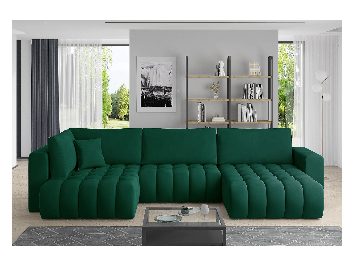 Canapé panoramique convertible design capitonné tissu vert méridienne droite Boston 350cm