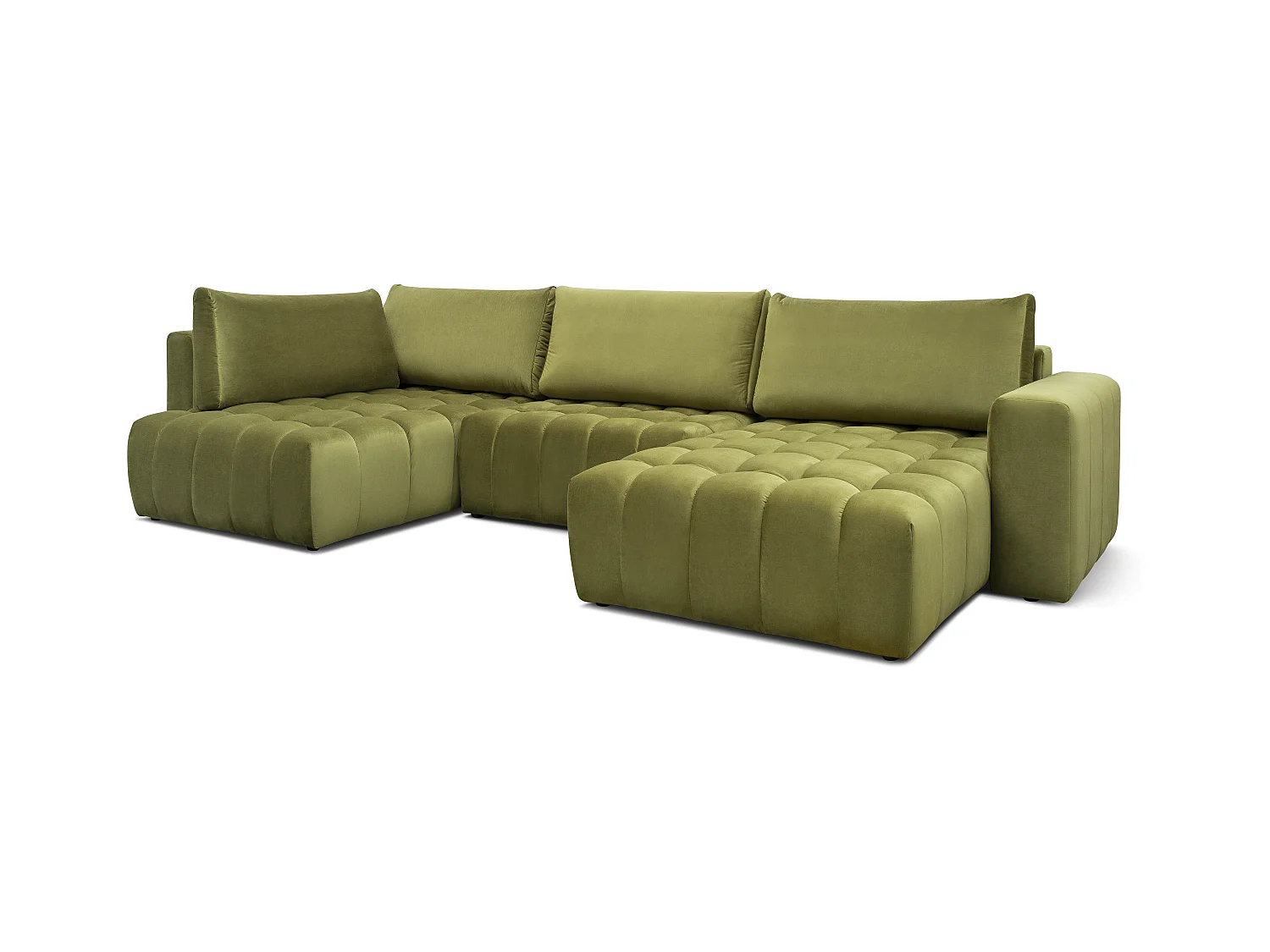 Canapé panoramique convertible design capitonné tissu vert méridienne droite Boston 350cm