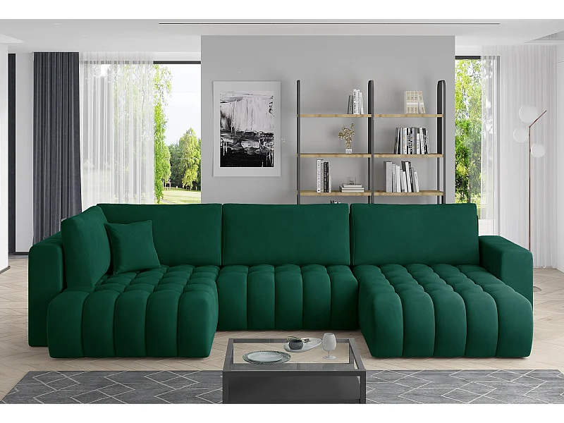 Panoramische converteerbare designbank gecapitonneerd groene stof rechts chaise longue Boston 350 cm