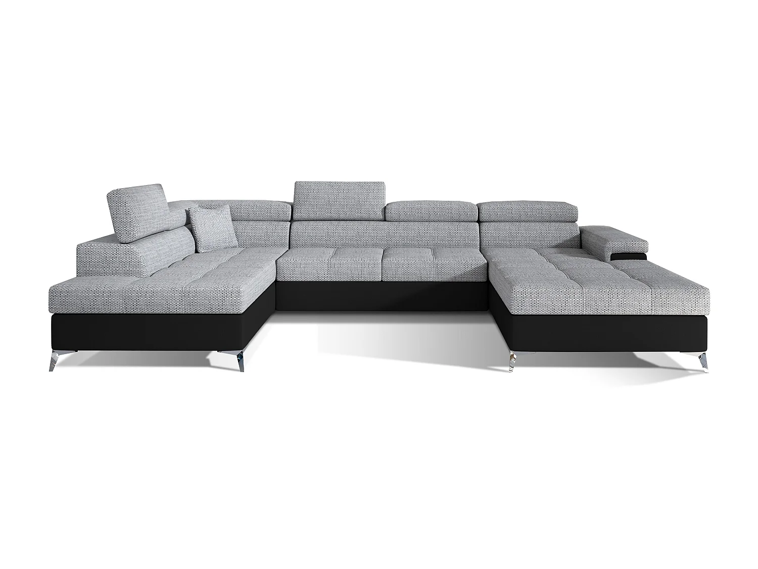 Canapé panoramique bi-matières tissu gris chiné et simili cuir noir coffre de rangement à gauche Kutty 345cm