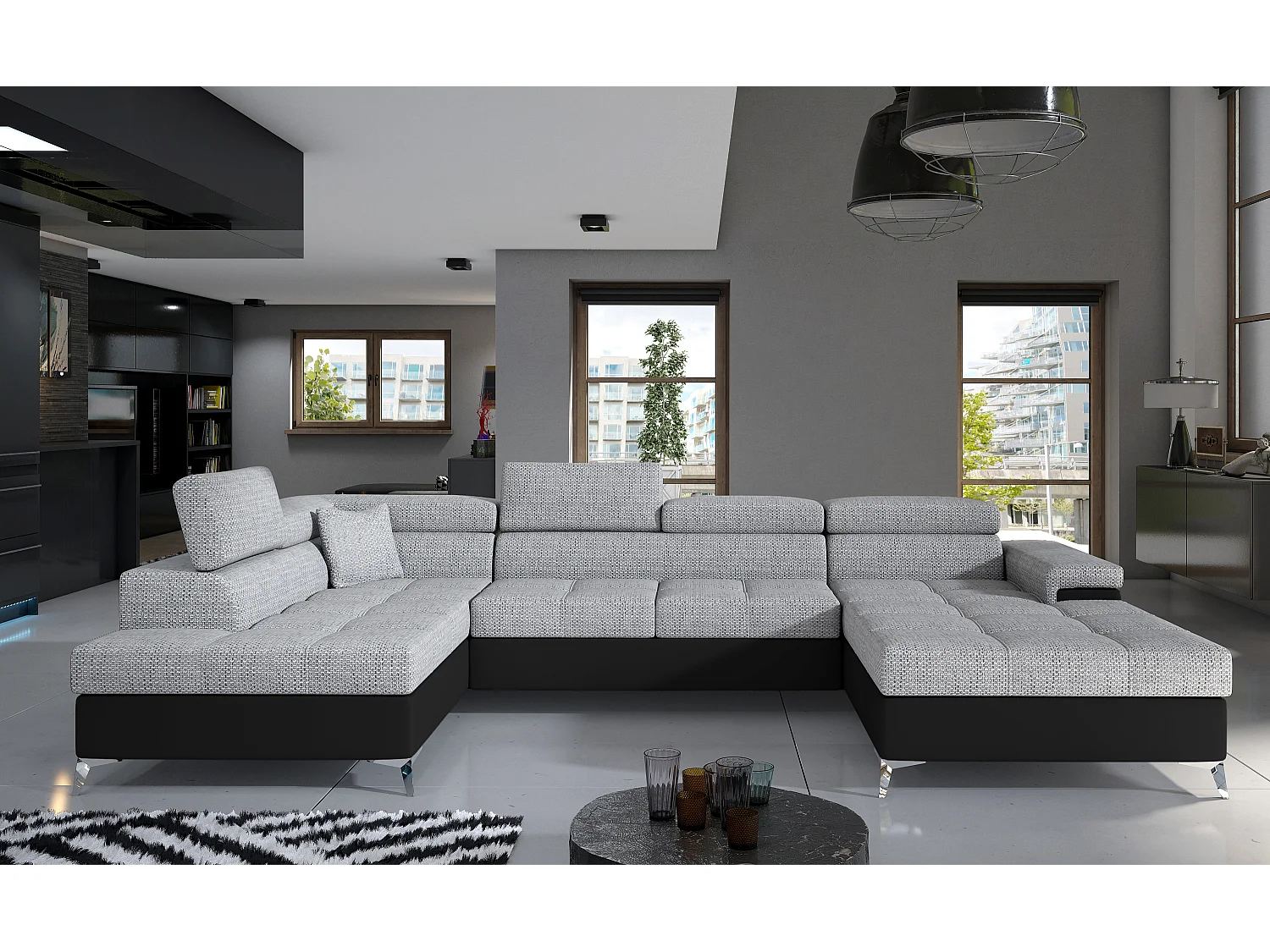 Canapé panoramique bi-matières tissu gris chiné et simili cuir noir coffre de rangement à gauche Kutty 345cm