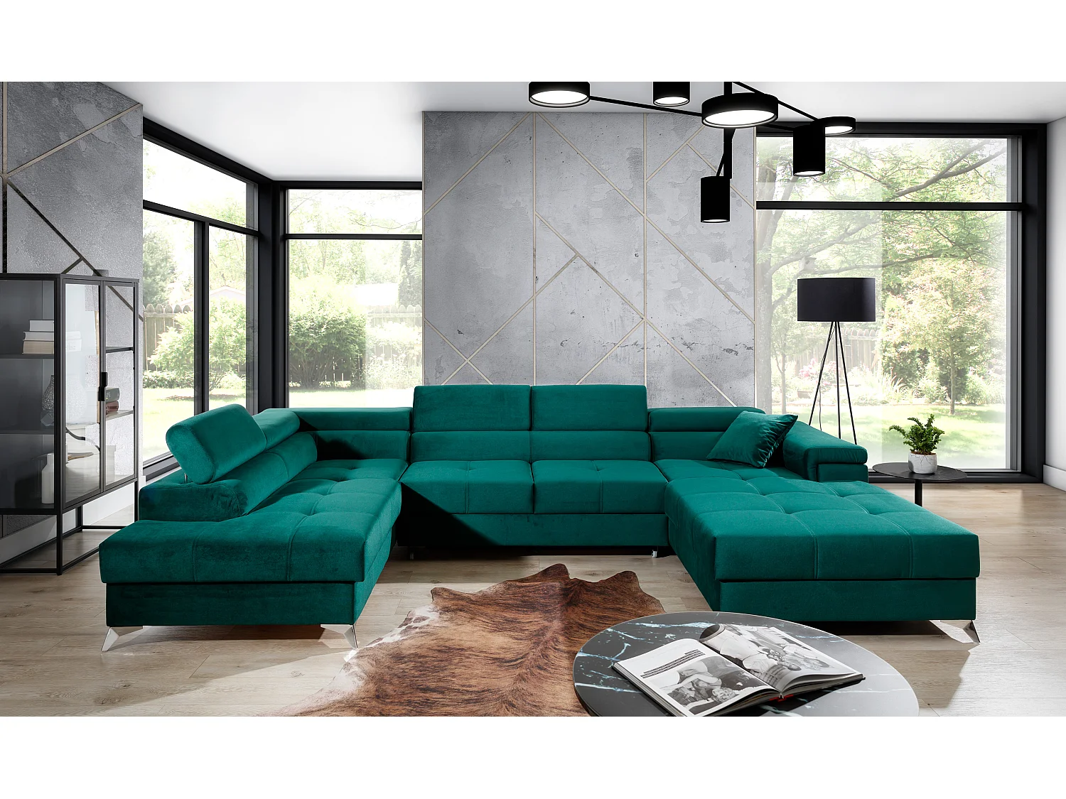 Canapé panoramique bi-matières tissu gris chiné et simili cuir noir coffre de rangement à gauche Kutty 345cm