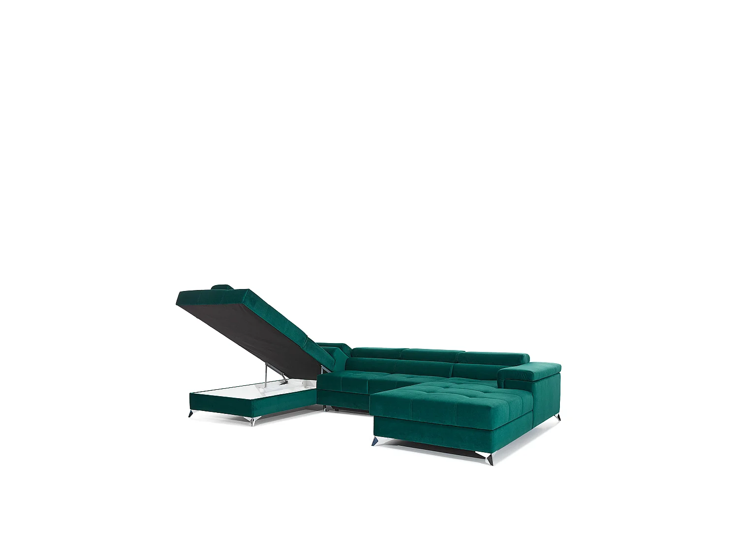 Canapé panoramique bi-matières tissu gris chiné et simili cuir noir coffre de rangement à gauche Kutty 345cm