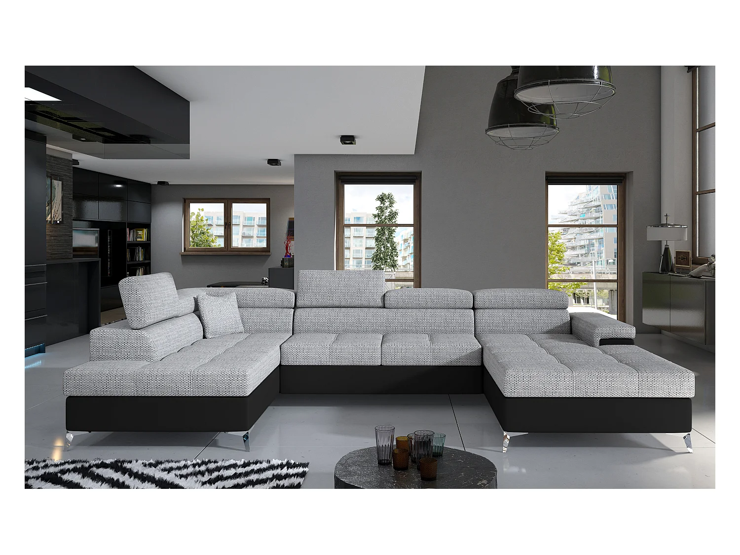 Canapé panoramique bi-matières tissu gris chiné et simili cuir noir coffre de rangement à gauche Kutty 345cm