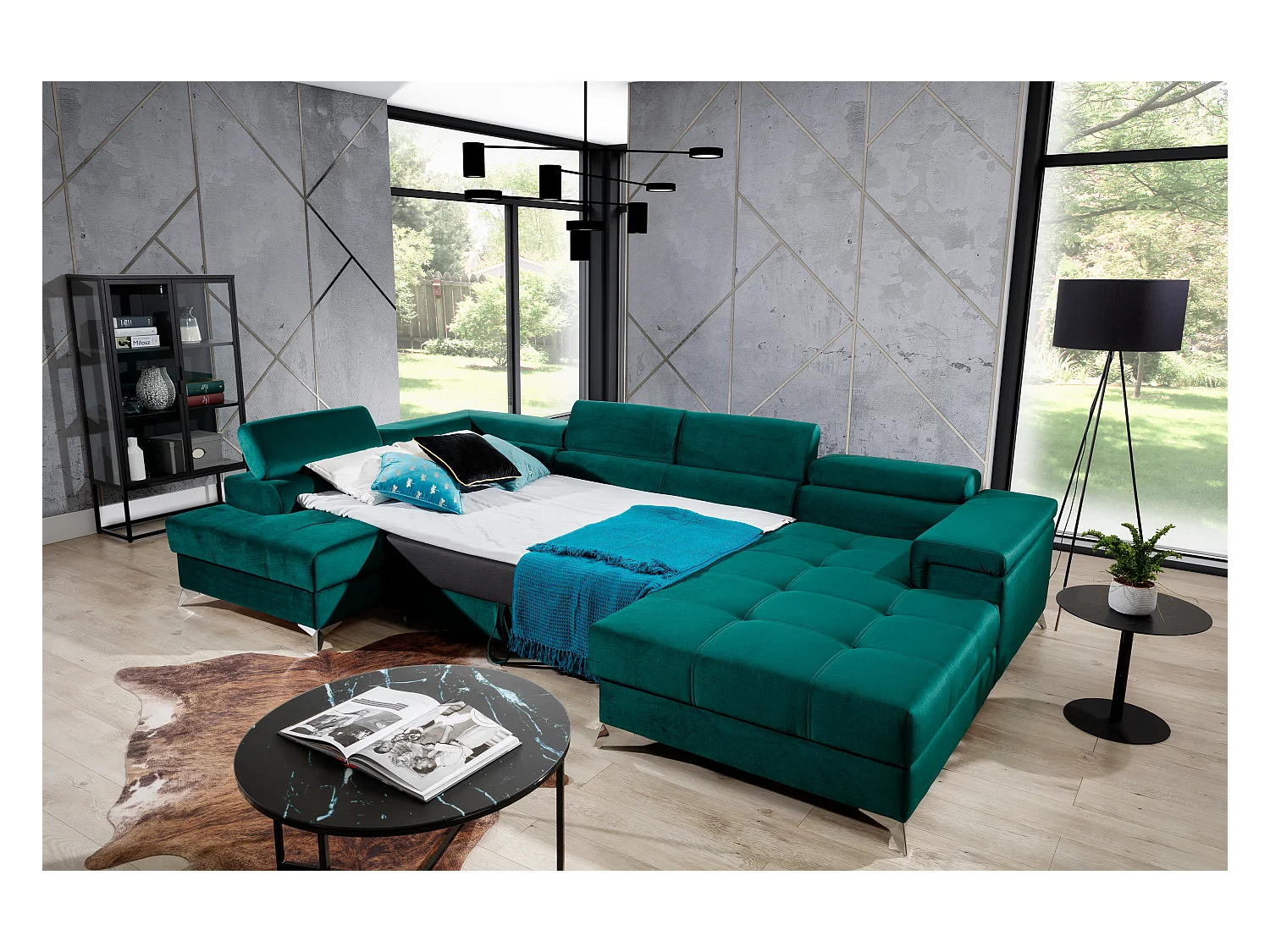 Canapé panoramique bi-matières tissu gris chiné et simili cuir noir coffre de rangement à gauche Kutty 345cm