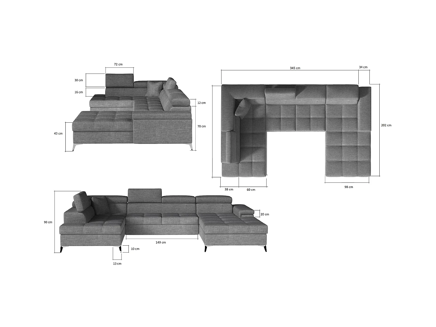 Canapé panoramique bi-matières tissu gris chiné et simili cuir noir coffre de rangement à gauche Kutty 345cm