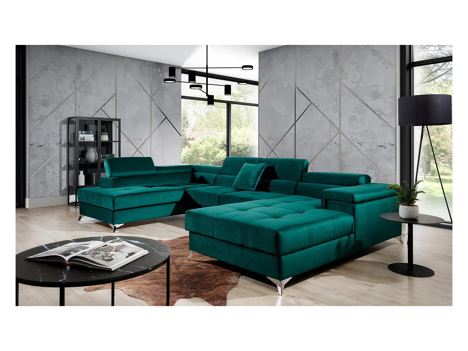 Canapé panoramique bi-matières tissu gris chiné et simili cuir noir coffre de rangement à gauche Kutty 345cm