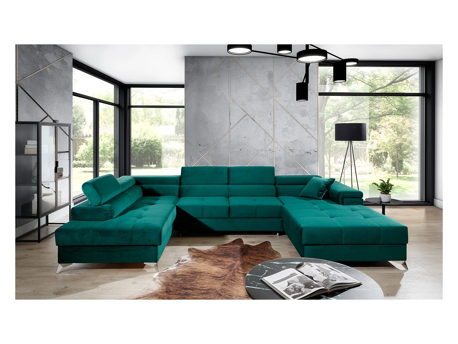 Canapé panoramique bi-matières tissu gris chiné et simili cuir noir coffre de rangement à gauche Kutty 345cm