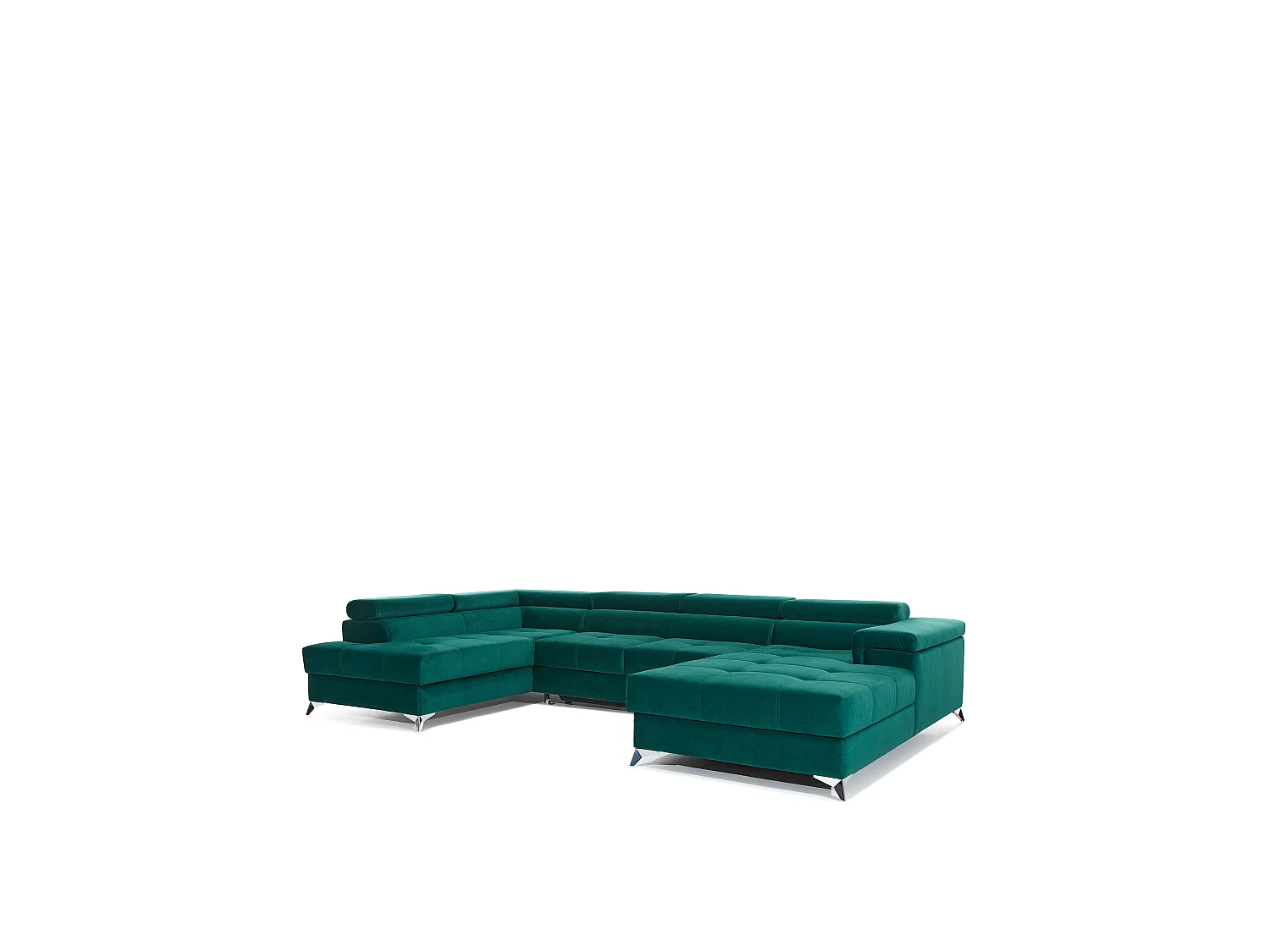 Canapé panoramique bi-matières tissu gris chiné et simili cuir noir coffre de rangement à gauche Kutty 345cm