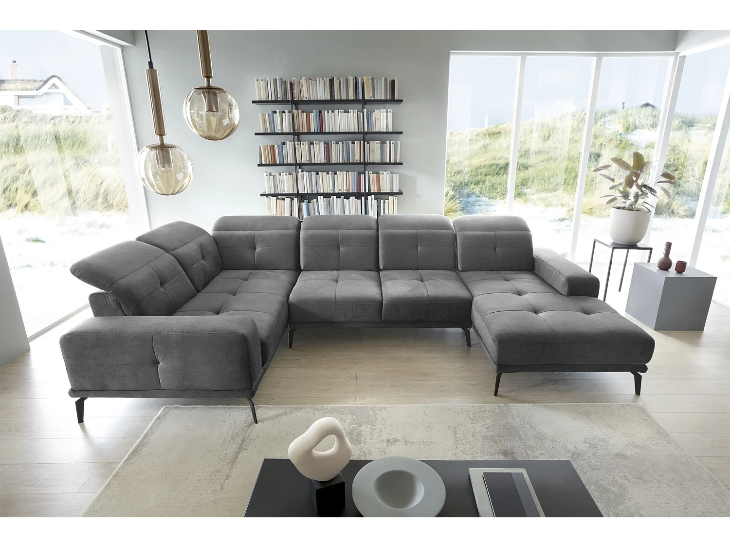 Canapé panoramique design tissu gris foncé têtières angle gauche avec accoudoir Stan 350cm