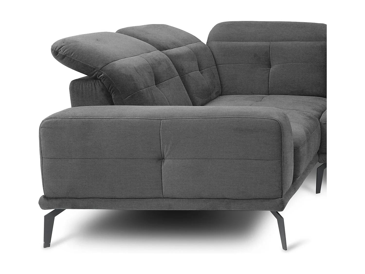 Canapé panoramique design tissu gris foncé têtières angle gauche avec accoudoir Stan 350cm