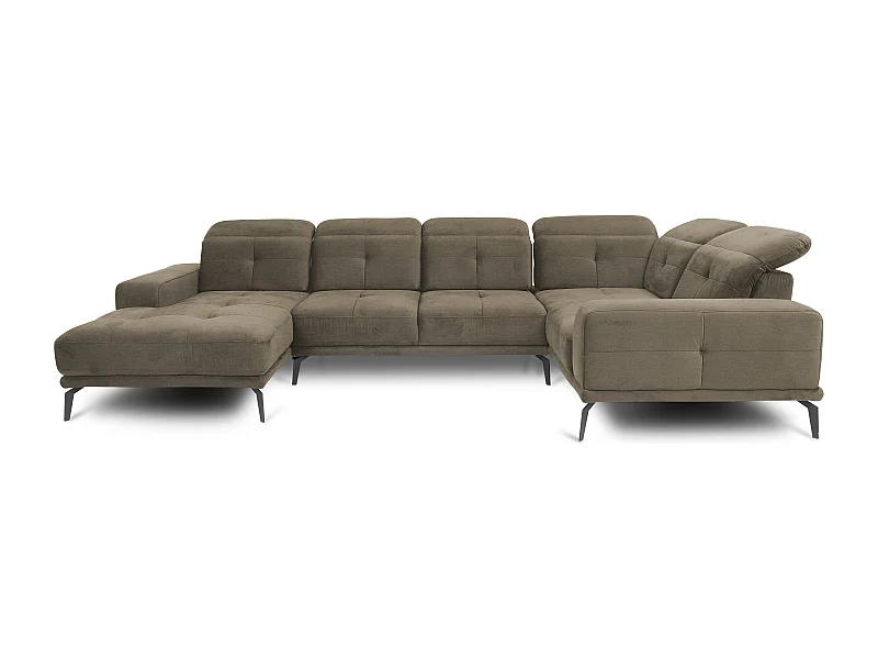 Canapé panoramique design tissu beige foncé têtières angle droit avec accoudoir Stan 350cm