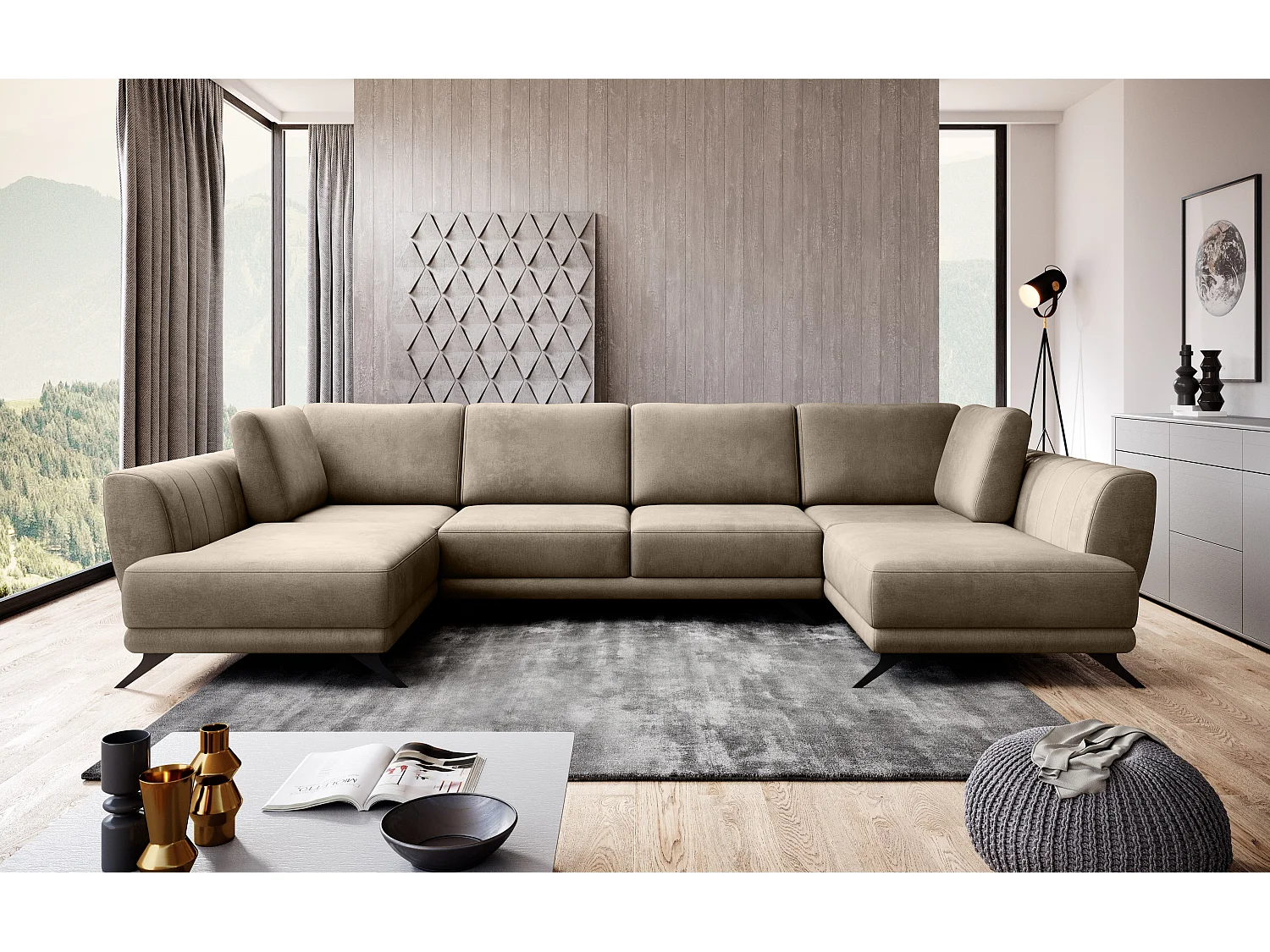 Canapé d'angle panoramique 6 places tissu beige foncé Largos 362cm