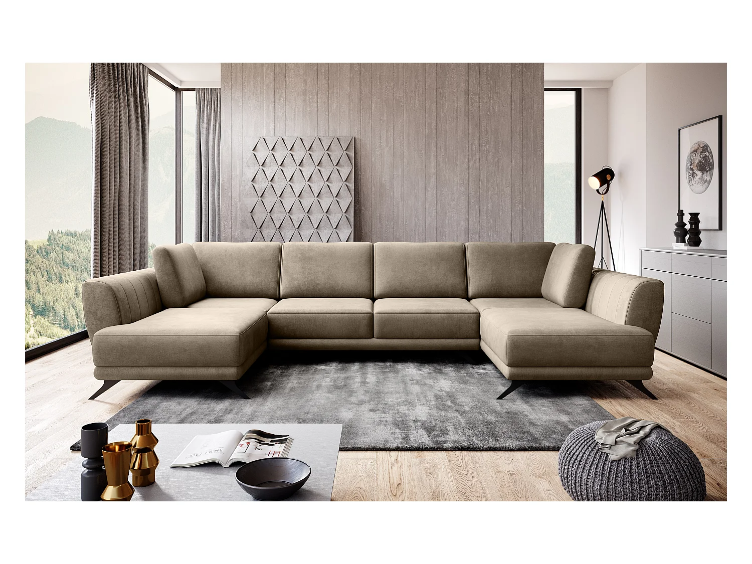 6-zits panoramische hoekbank in donkerbeige stof Largos 362 cm