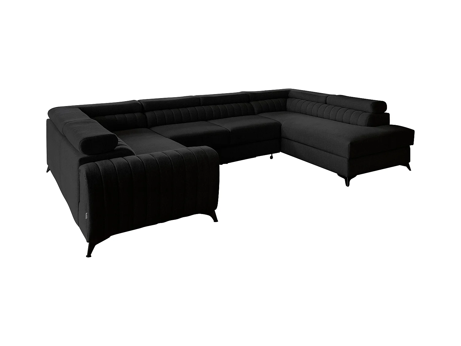 Canapé panoramique convertible tissu noir avec coffre de rangement Louve 340cm-Coffre de rangement à droite