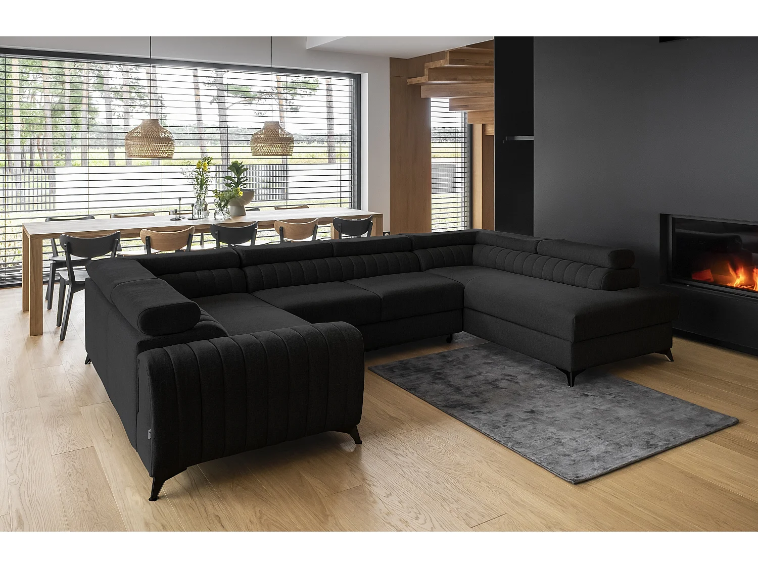 Canapé panoramique convertible LOUVE tissu - Rangement et têtières réglables-Noir chiné-Coffre à droite