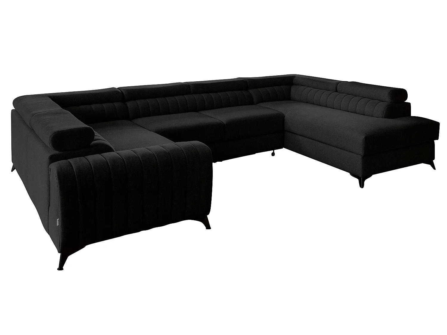 Canapé panoramique convertible LOUVE tissu - Rangement et têtières réglables-Noir chiné-Coffre à droite