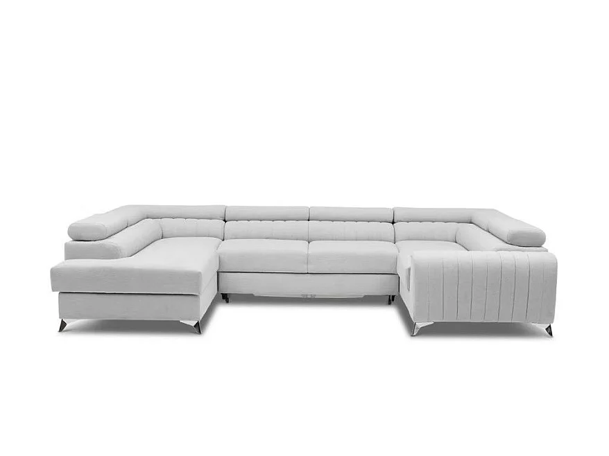 Canapé panoramique convertible LOUVE tissu - Rangement et têtières réglables-Noir chiné-Coffre à droite