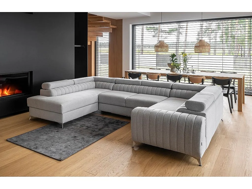 Canapé panoramique convertible LOUVE tissu - Rangement et têtières réglables-Noir chiné-Coffre à droite