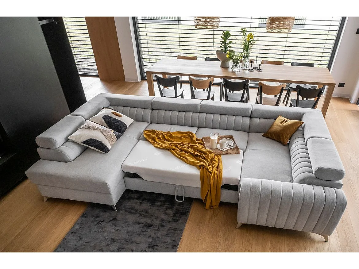 Canapé panoramique convertible LOUVE tissu - Rangement et têtières réglables-Noir chiné-Coffre à droite