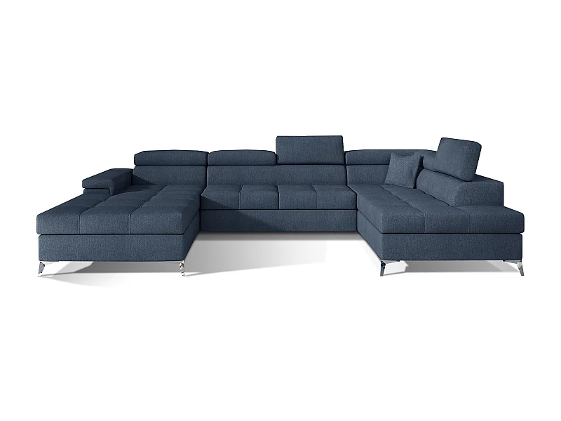 Canapé panoramique tissu bleu jean coffre de rangement à droite Kutty 345cm