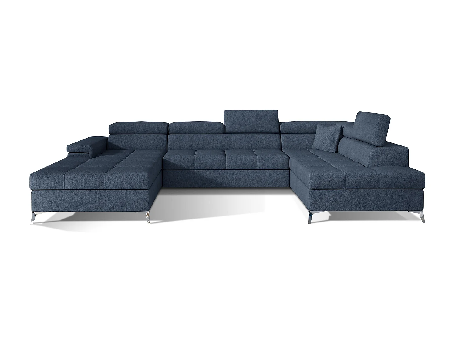 Canapé panoramique tissu bleu jean coffre de rangement à droite Kutty 345cm