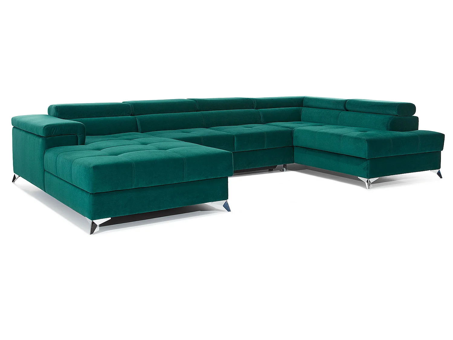 Canapé panoramique tissu bleu jean coffre de rangement à droite Kutty 345cm