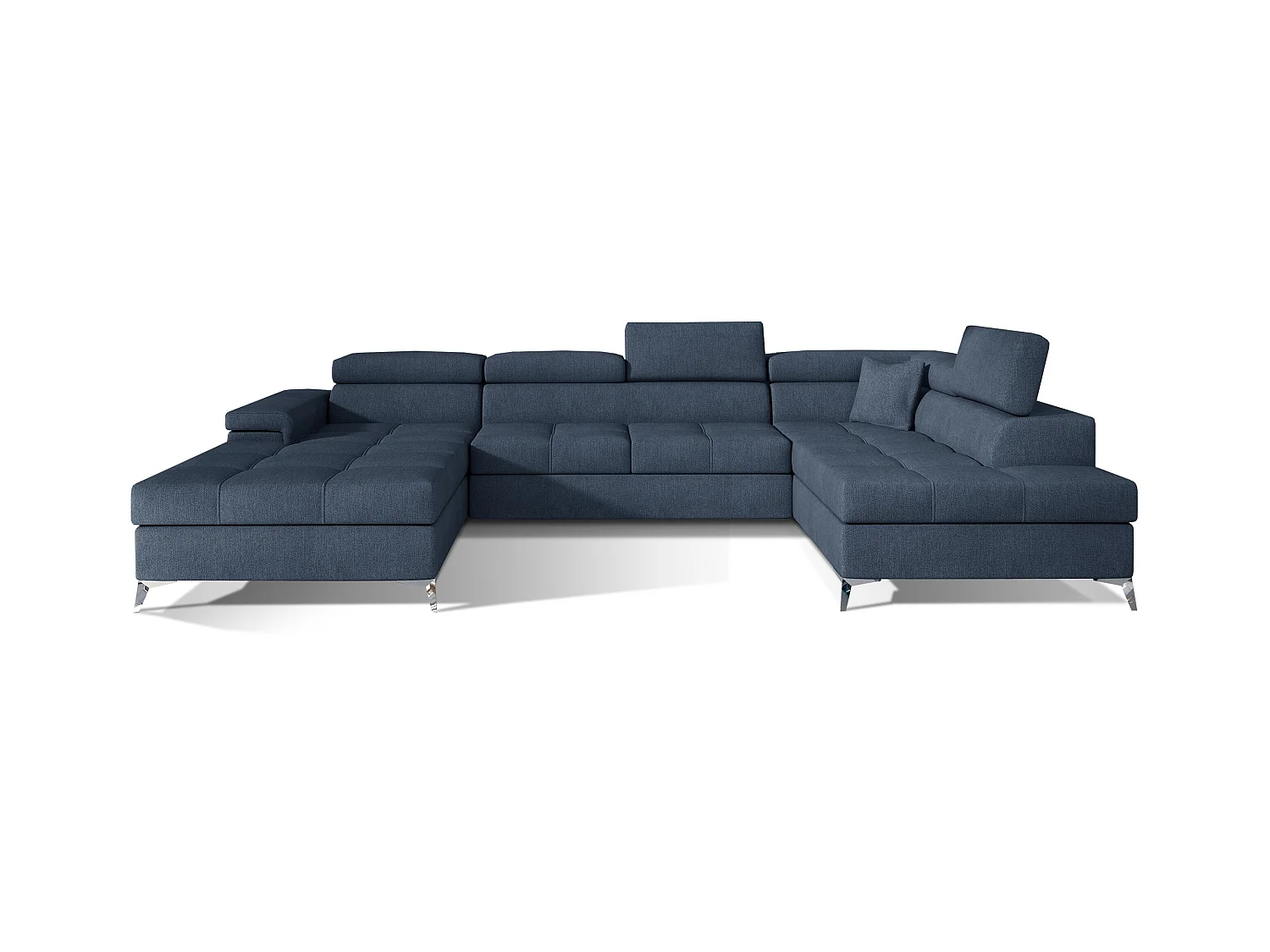 Canapé panoramique tissu bleu jean coffre de rangement à droite Kutty 345cm