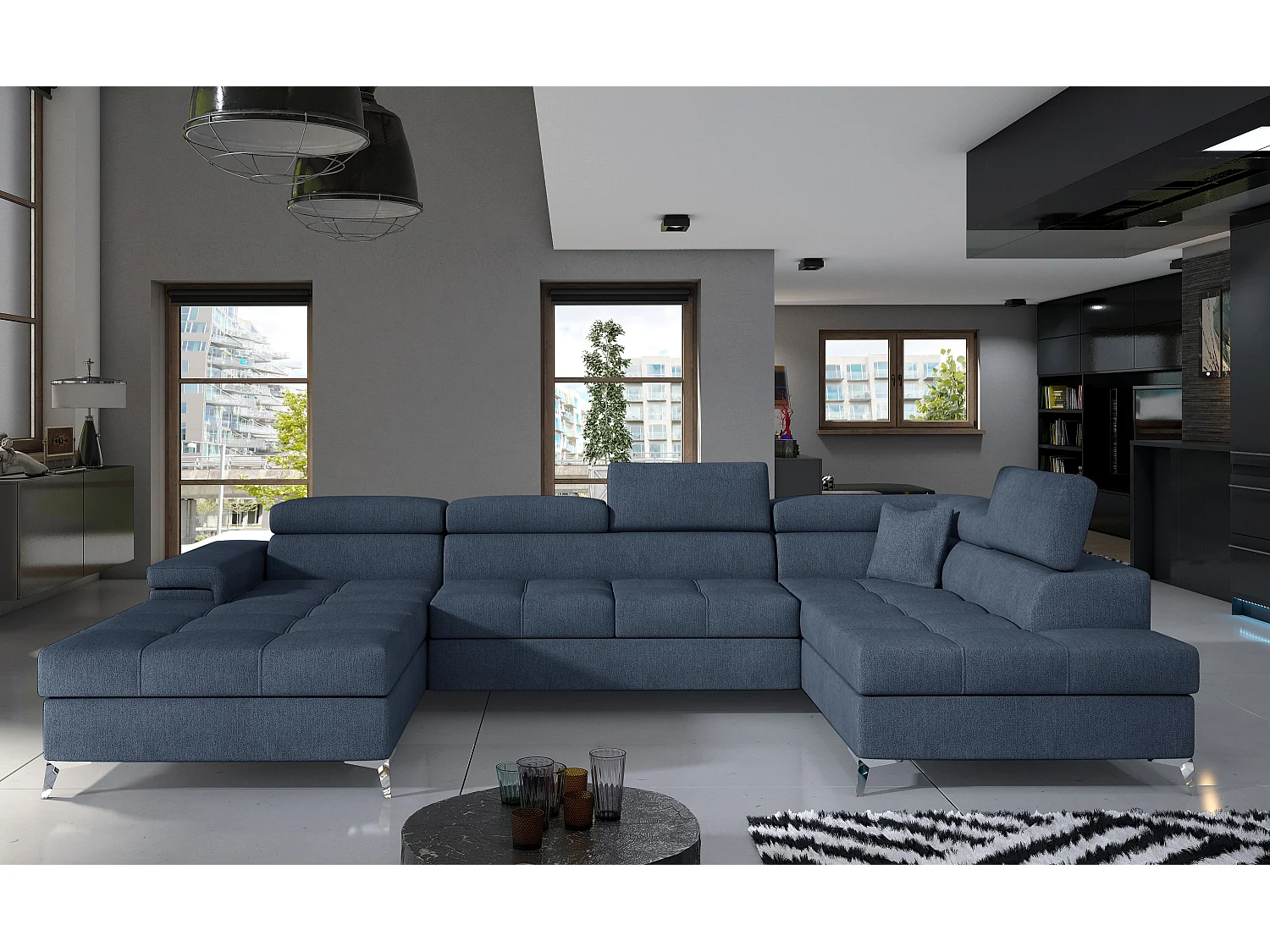 Canapé panoramique tissu bleu jean coffre de rangement à droite Kutty 345cm