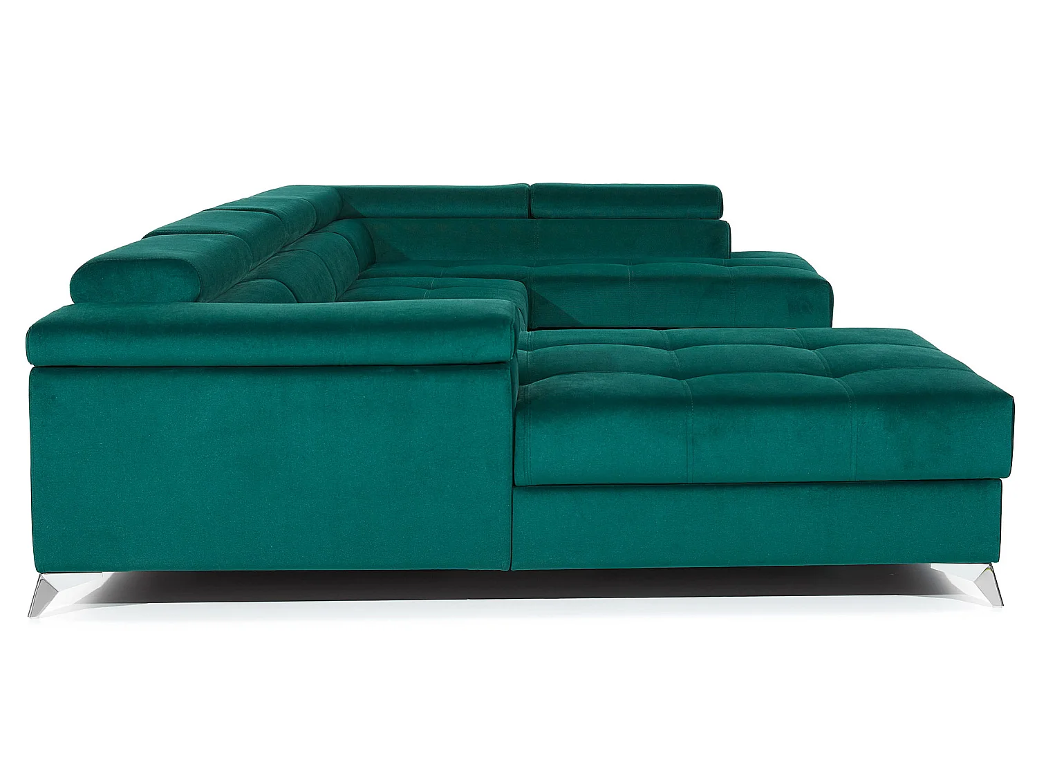 Canapé panoramique tissu bleu jean coffre de rangement à droite Kutty 345cm