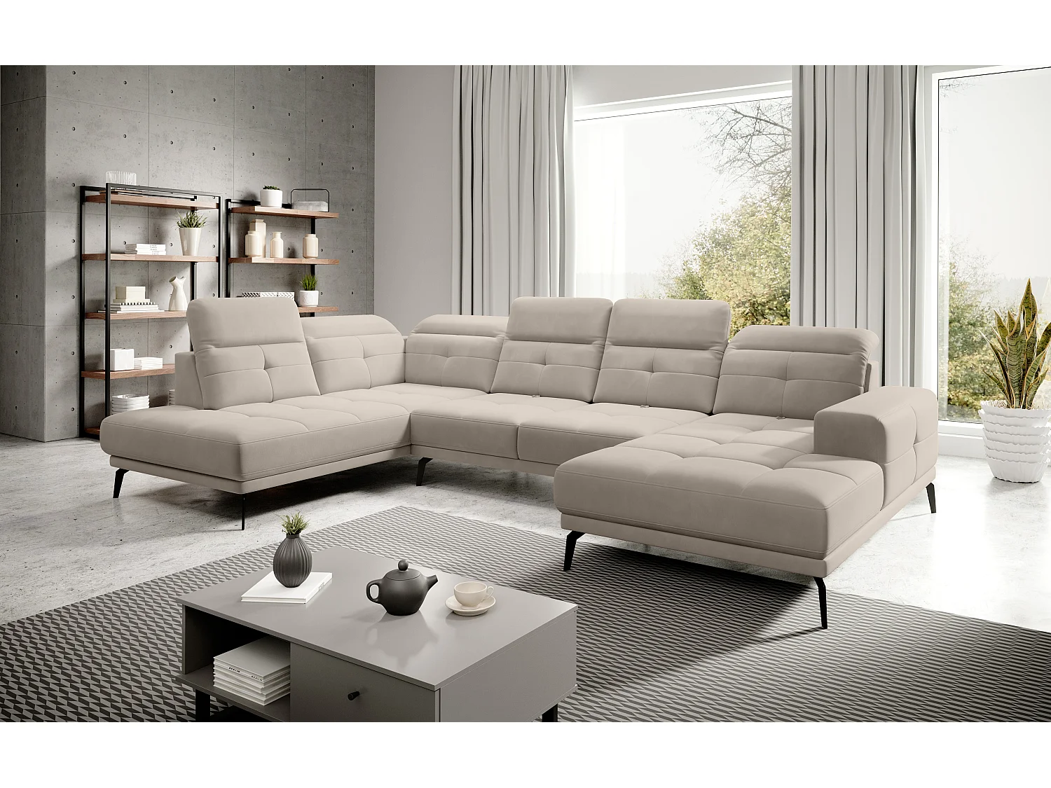 Canapé panoramique moderne velours beige têtières angle gauche Versus 350cm