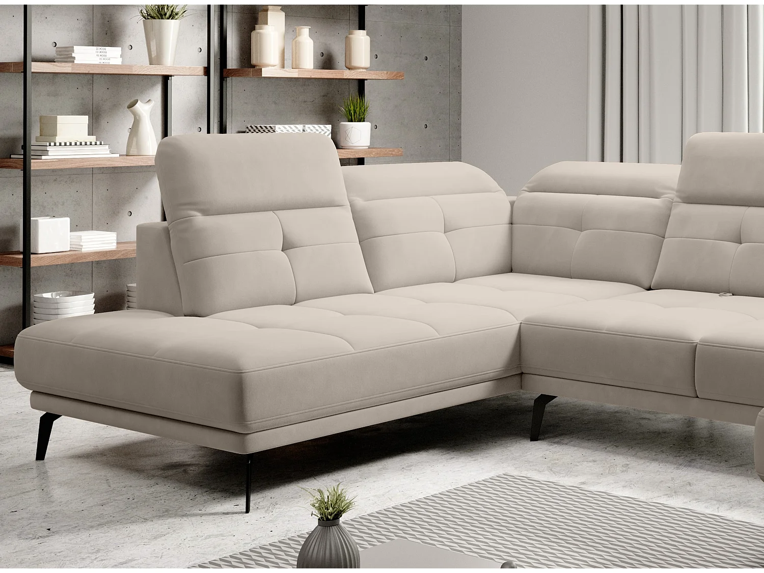 Canapé panoramique moderne velours beige têtières angle gauche Versus 350cm