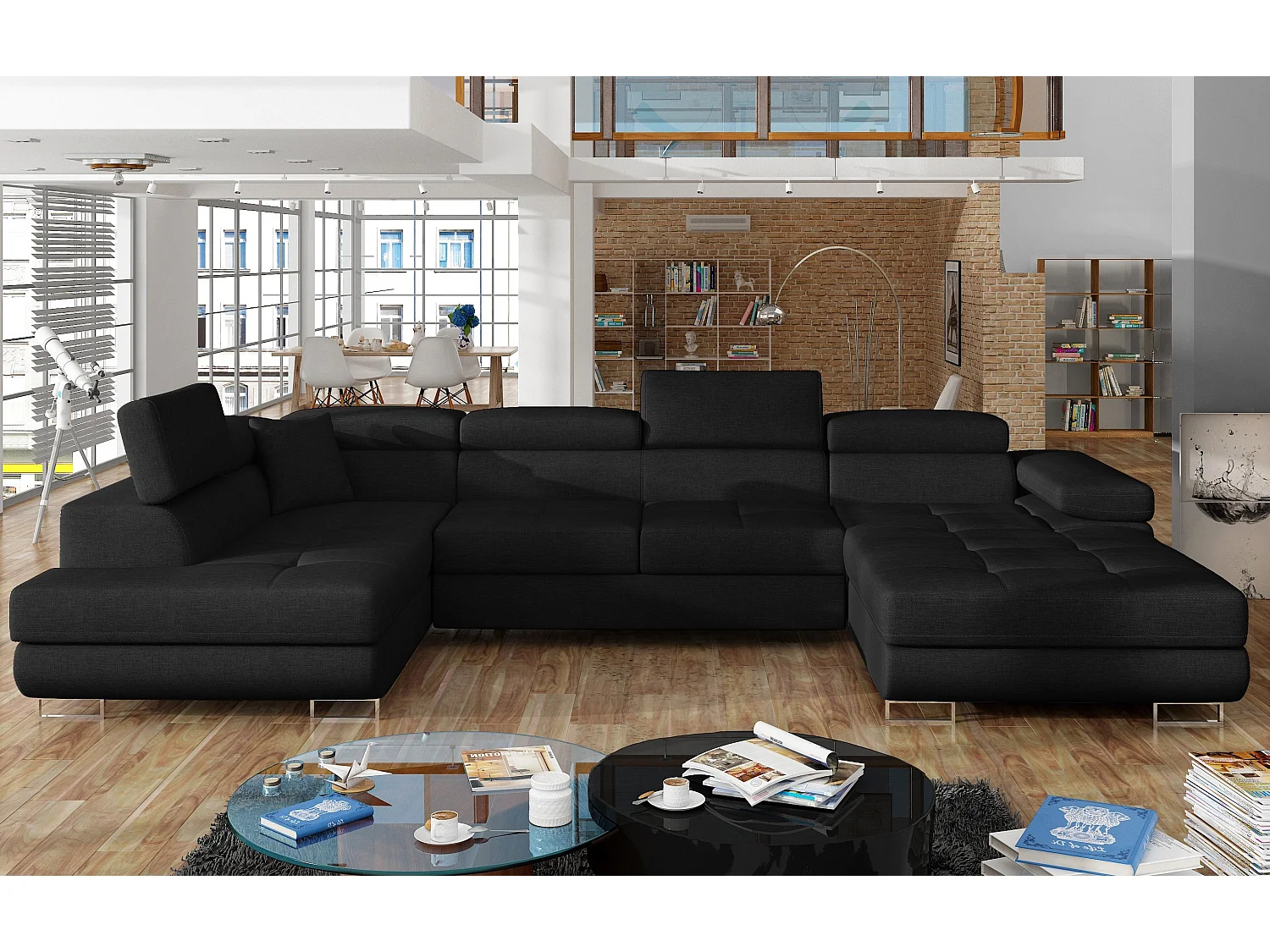 Canapé panoramique tissu noir convertible avec coffre de rangement Romano 345cm-Coffre de rangement à gauche