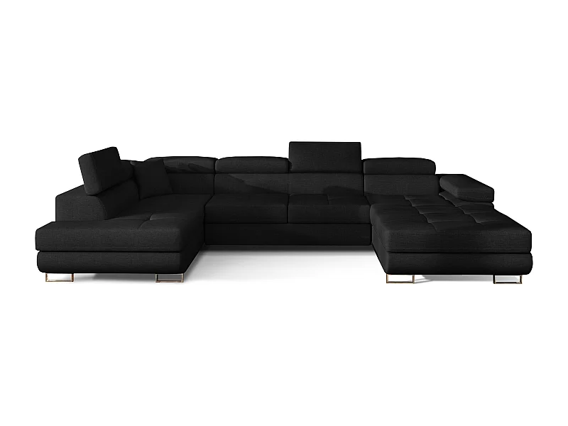 Canapé panoramique tissu noir convertible avec coffre de rangement Romano 345cm-Coffre de rangement à gauche