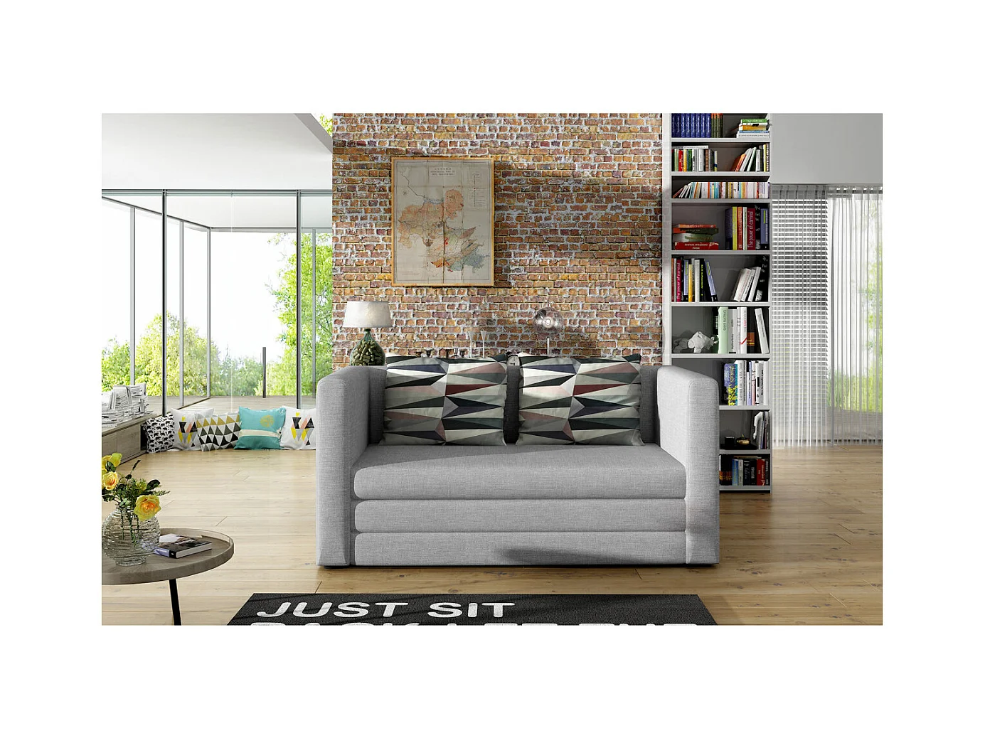 Petit canapé convertible tissu gris clair Mouva 132cm