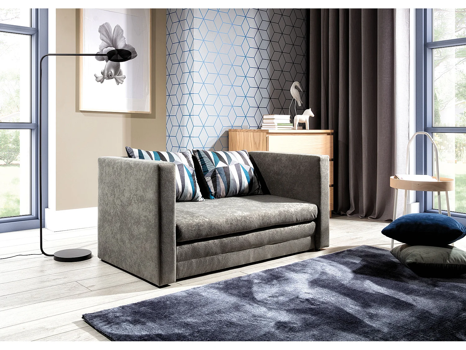 Petit canapé convertible tissu gris clair Mouva 132cm