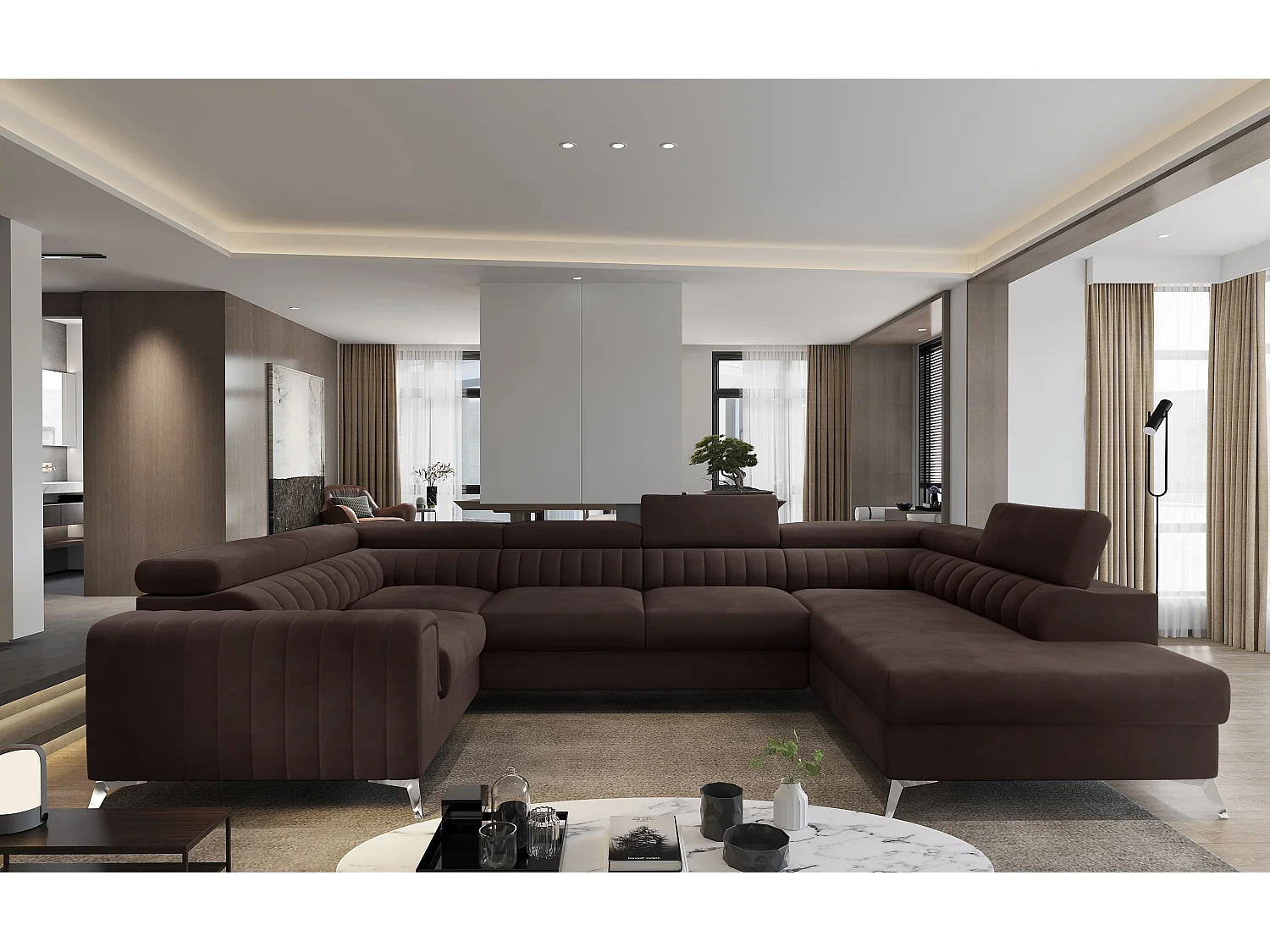 Bruin fluwelen panoramische converteerbare bank met opbergdoos Louve 340 cm-Opslagruimte naar rechts