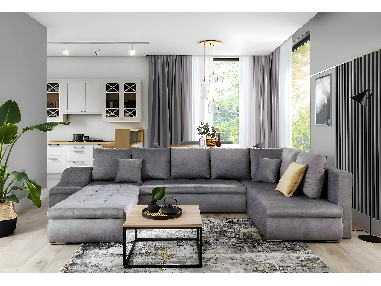 Jonaz panoramische slaapbank in zwarte stof en zwart kunstleer 340 cm-Dagbed Naar links