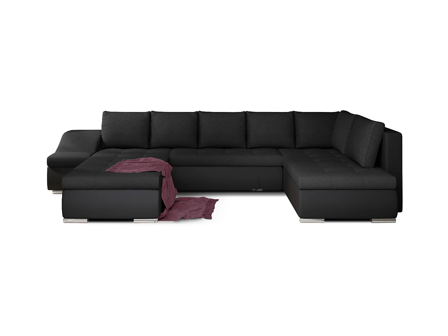 Canapé panoramique convertible tissu noir et simili cuir noir Jonaz 340cm-Méridienne A gauche