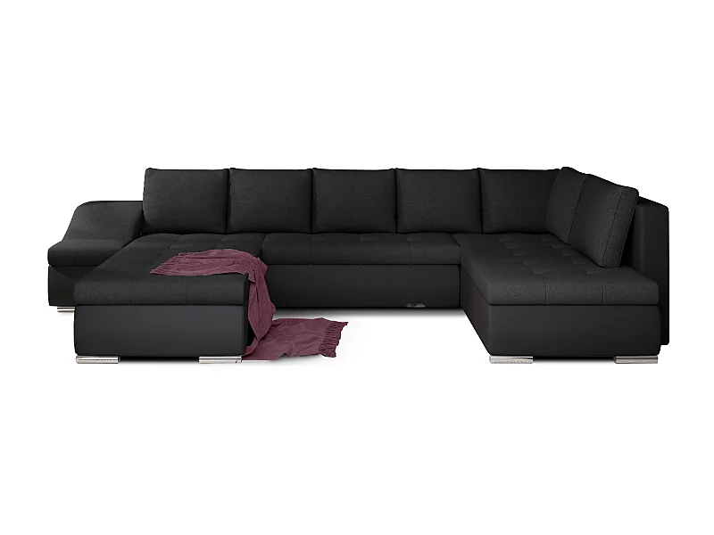 Canapé panoramique convertible tissu noir et simili cuir noir Jonaz 340cm-Méridienne A gauche