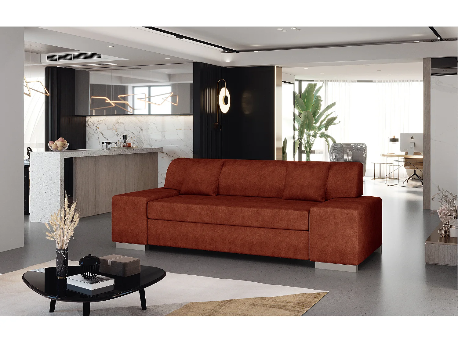 Canapé minimaliste 3-4 places tissu rouge brique Plazo 210cm