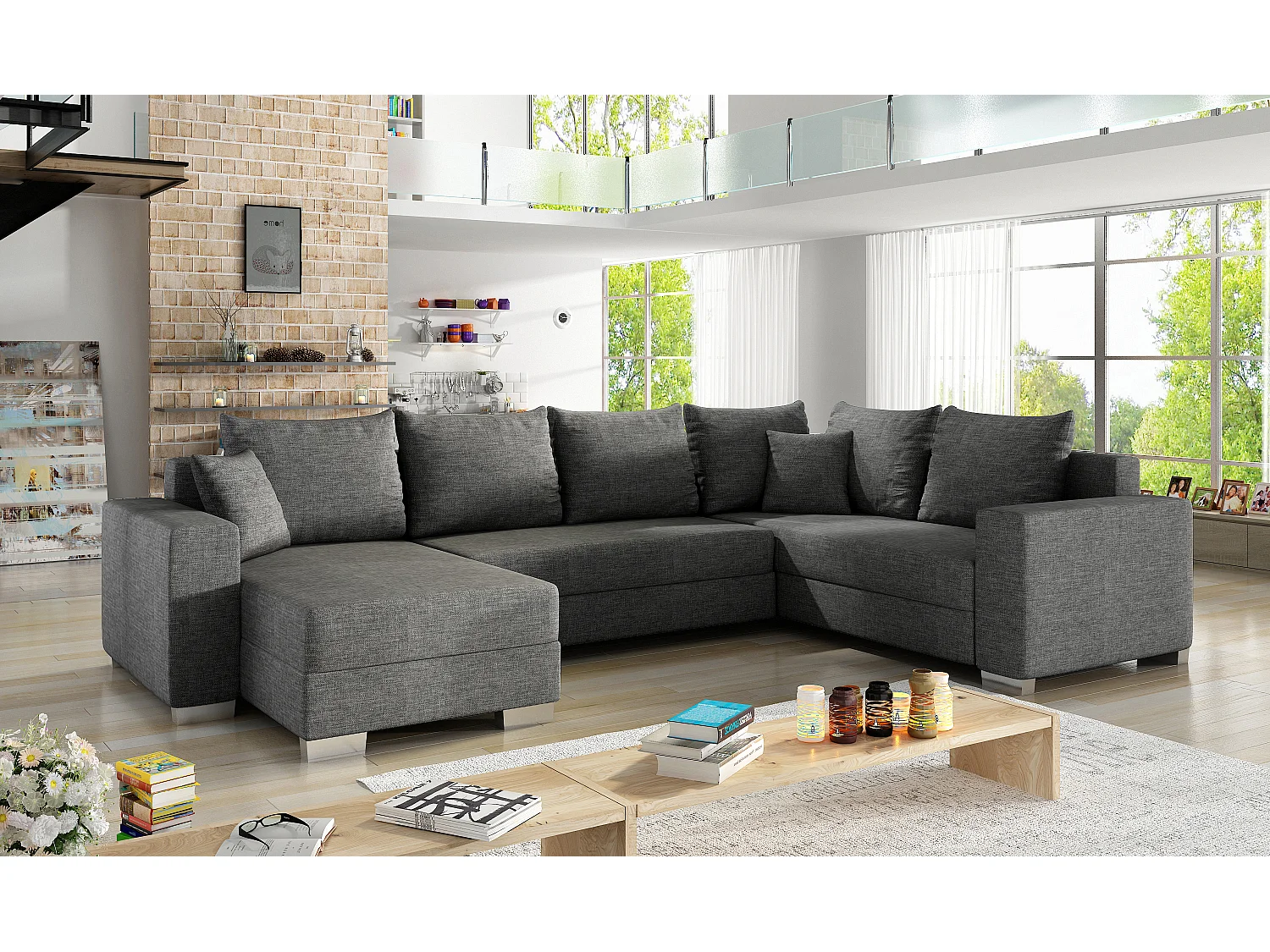 Canapé U convertible tissu gris foncé coffre de rangement à gauche Marry 321cm