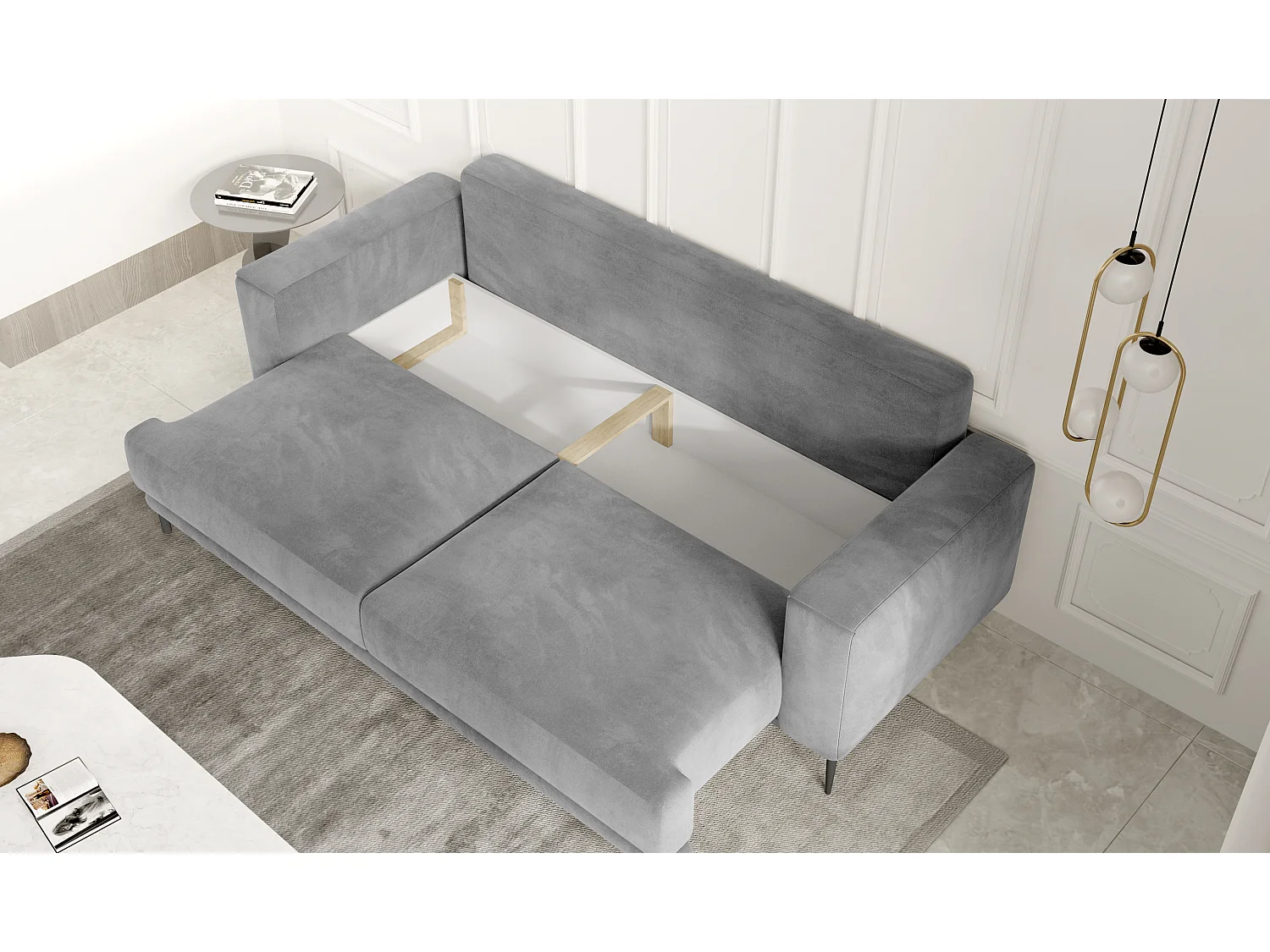 Designer 4-zits slaapbank in zachte grijze stof en zwarte metalen poten Arkia 260 cm