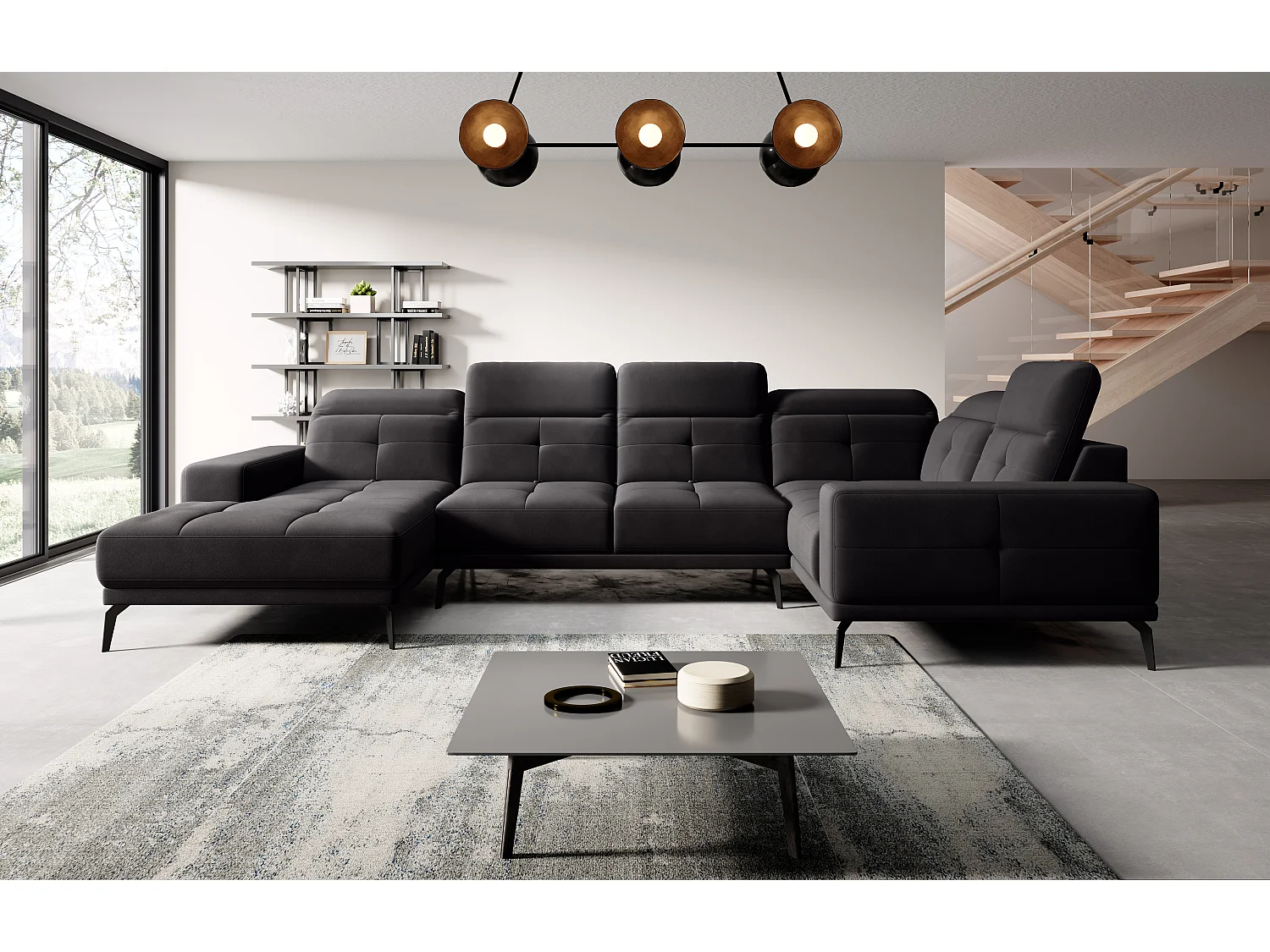 Canapé panoramique design velours noir têtières angle droit avec accoudoir Stan 350cm