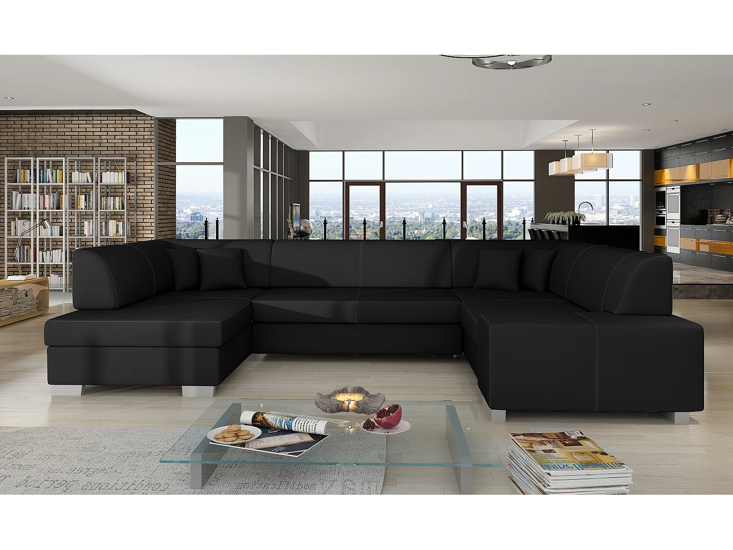Canapé convertible panoramique simili cuir noir avec coffre de rangement Houston 320cm-Coffre de rangement à gauche