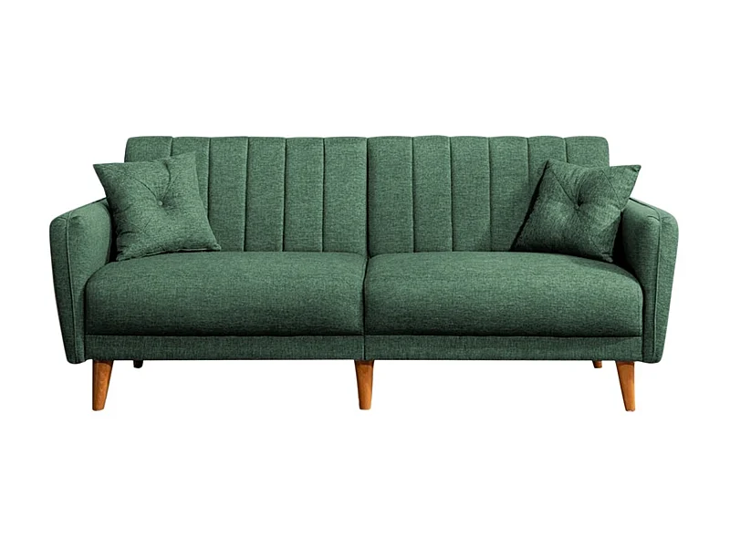 Canapé lit 3 places tissu lin vert et pieds bois naturel Shekal 210cm