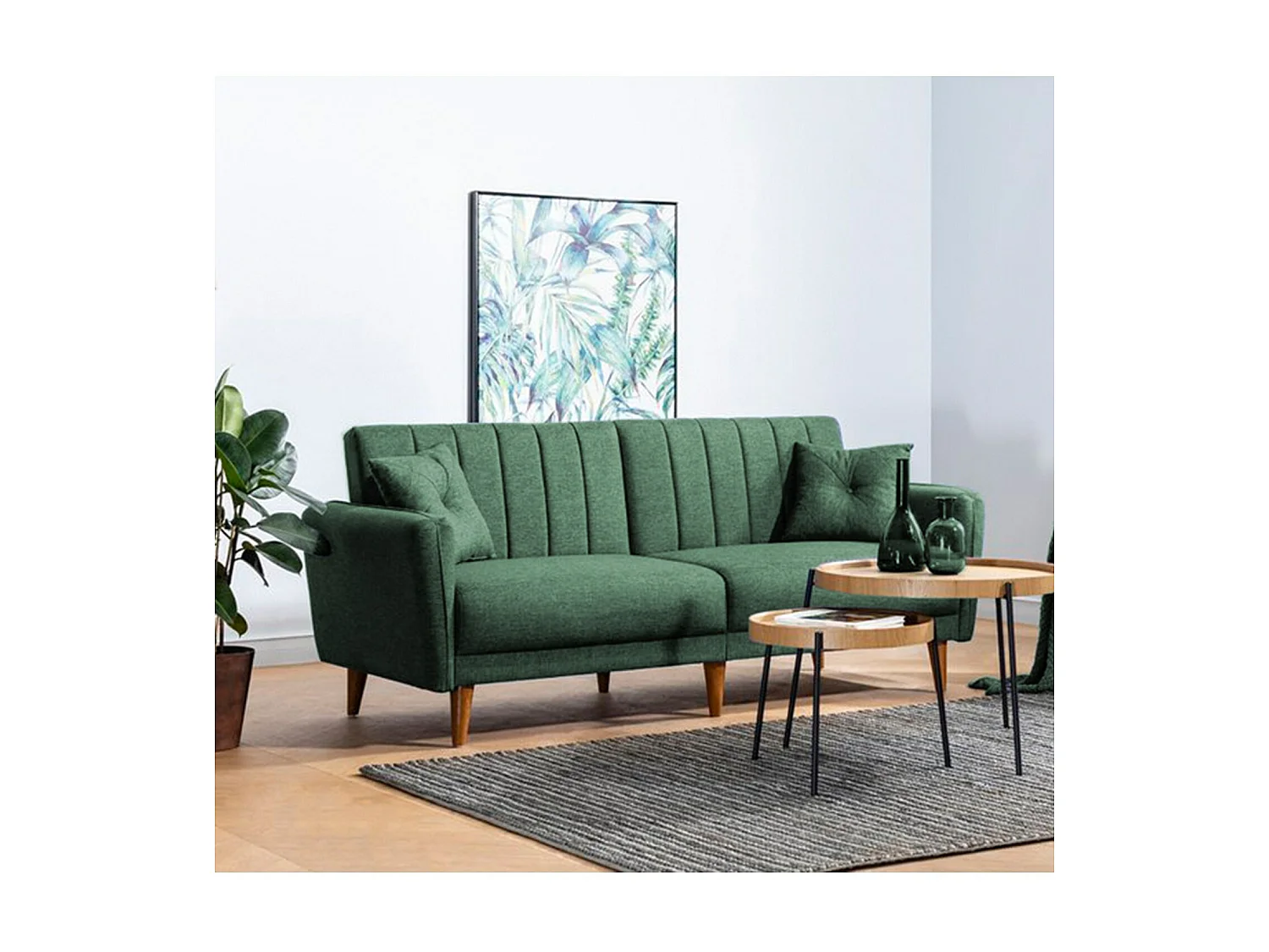 Canapé lit 3 places tissu lin vert et pieds bois naturel Shekal 210cm