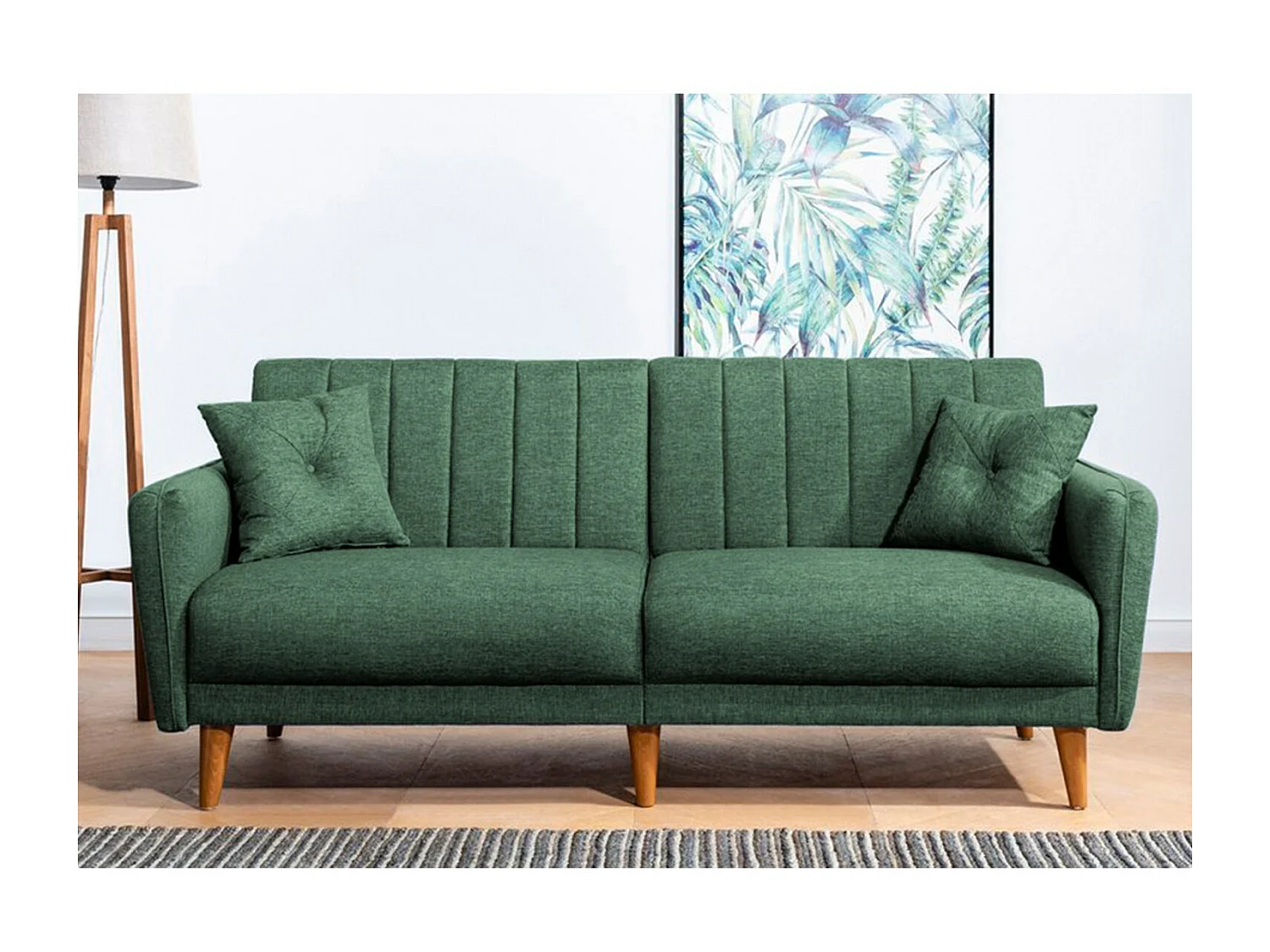 Canapé lit 3 places tissu lin vert et pieds bois naturel Shekal 210cm