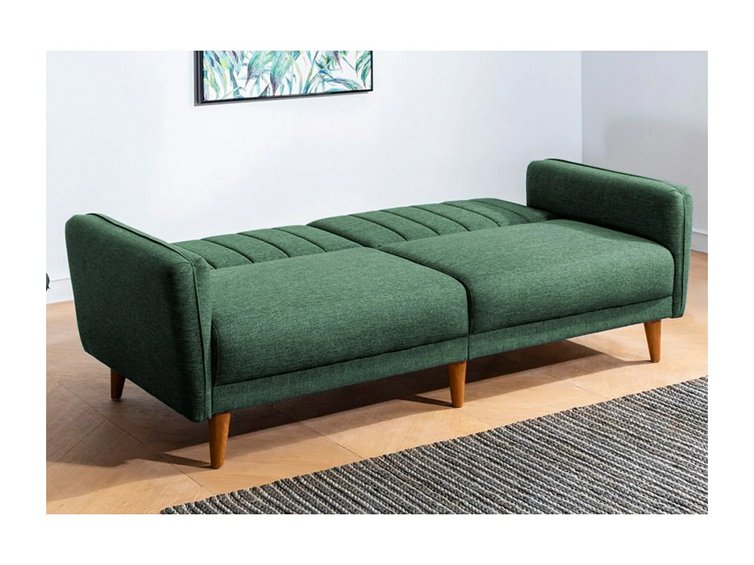 Canapé lit 3 places tissu lin vert et pieds bois naturel Shekal 210cm